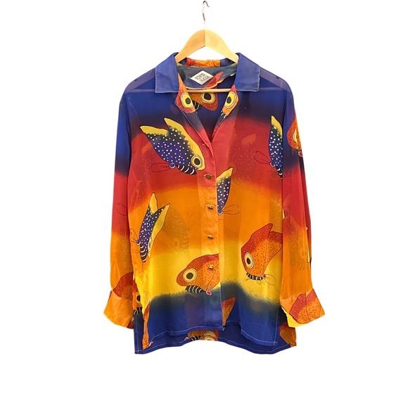 Vintage Gioco Tropical Fish Print Shirt Sunset Color Novelty Blouse Retro Resort - Picture 1 of 5